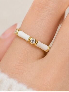 White Enamel Bamboo Open Ring Gold Tone CZ Accent